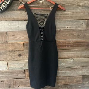 Black lace up cocktail dress